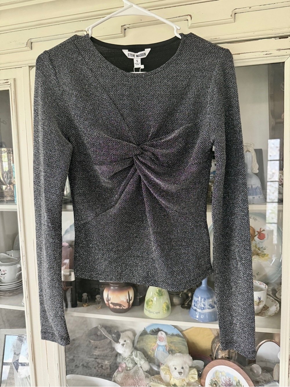 Steve Madden Metallic Charcoal Twist-Front Long Sleeve Top